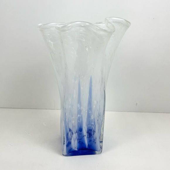 Handkerchief Vase White And Cobalt Blue Splatter Art Glass 9.25” Vase - Picture 3 of 15
